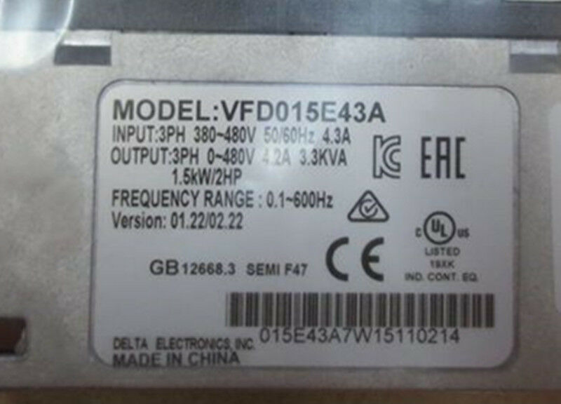 VFD015E43A DELTA VFD Inverter Frequency converter 1.5kw 2HP 3 PHASE 380V 600Hz